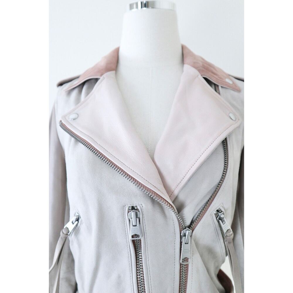 AllSaints Size 4 Balfern Biker Jacket Suede Leather Moto Cream Pink Mix - Picture 3 of 13
